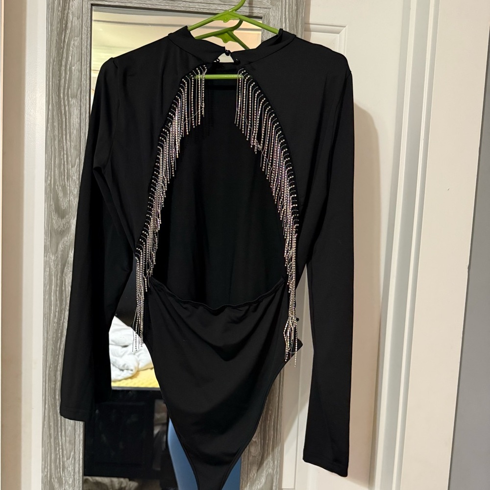 Black Open Back Rinestone Bodysuit